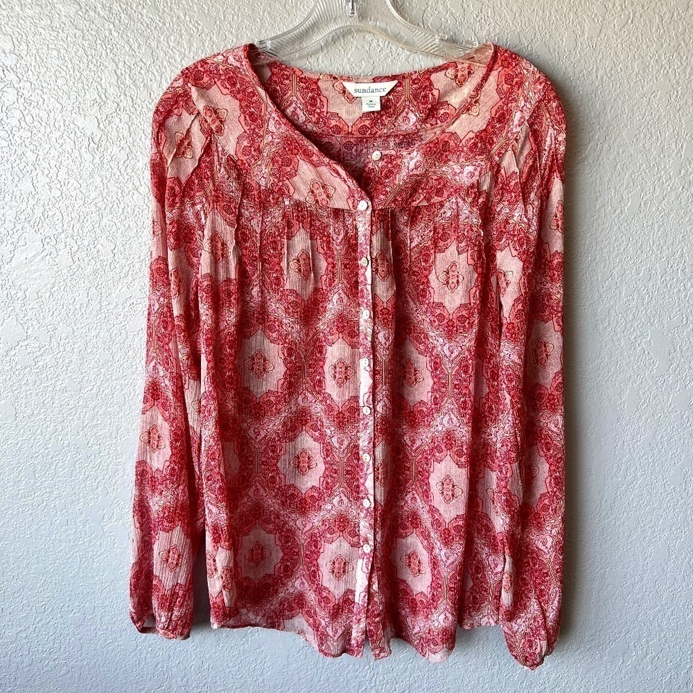 Sundance 100% silk, sheer pintuck collar button down blouse